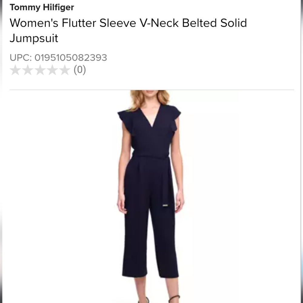 Tommy Hilfiger Women's Flutter Sleeve V-Neck Belted Solid Jumpsuit
